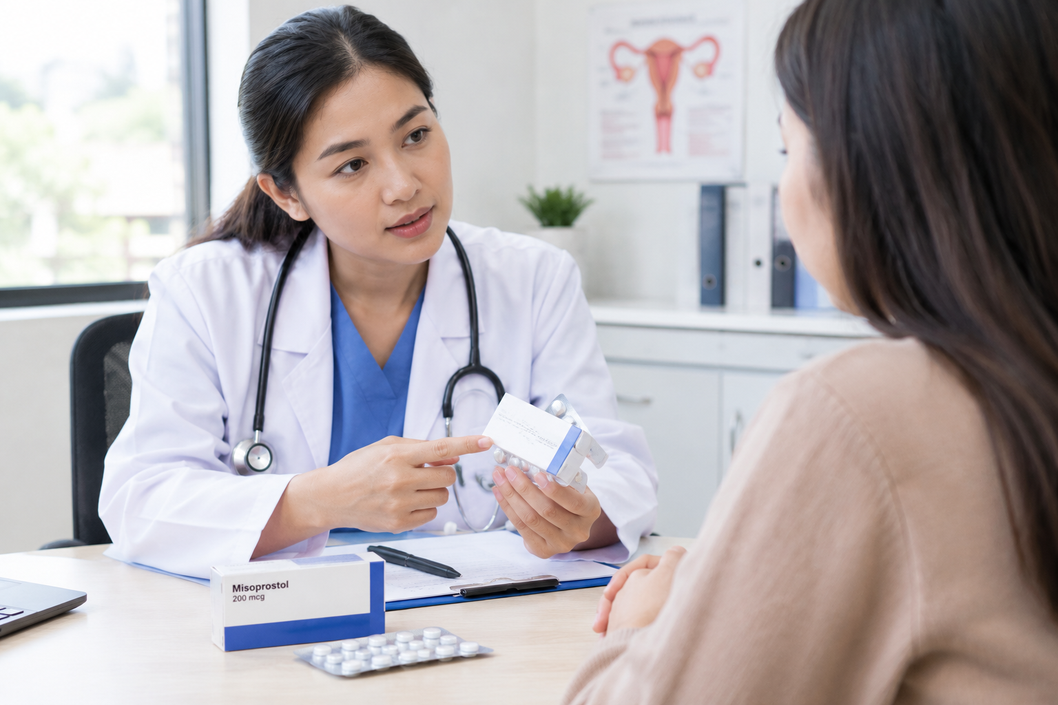 Dokter menjelaskan obat misoprostol kepada pasien saat konsultasi medis